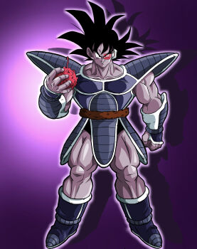 Rule 34 | 1boy, absurdres, armor, big hair, black eyes, black hair, boots, breastplate, collarbone, commentary request, dragon ball, dragon ball z: the tree of might, dragonball z, evil grin, evil smile, food, fruit, full body, grin, highres, holding, holding food, holding fruit, knees, monkey tail, muscular, muscular male, outline, purple background, saiyan armor, scouter, shadow, smile, solo, spiked hair, tail, tail belt, tullece, vambraces, white outline, yumegiwa-lastboy0112