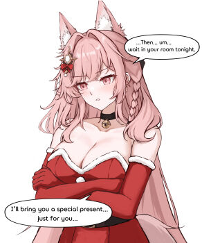 1girl absurdres alternate_costume animal_ear_fluff animal_ears arknights bare_shoulders bell belt belt_buckle black_belt black_choker bow braid breasts buckle choker christmas cleavage commentary crossed_arms crossed_bangs dress elbow_gloves english_commentary english_text fur-trimmed_dress fur-trimmed_gloves fur_trim gloves gongbangmanchi_(daisy_cutter) hair_bow hair_intakes hair_ornament highres jingle_bell large_breasts long_hair looking_down neck_bell pink_eyes pink_hair pozyomka_(arknights) red_bow red_dress red_gloves santa_costume santa_dress simple_background solo speech_bubble strapless strapless_dress upper_body variant_set white_background