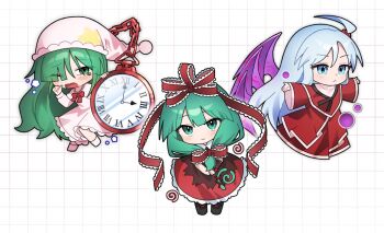 3girls blue_eyes blue_hair bow capelet chibi chibi_only commentary_request dress frilled_bow frills green_eyes green_hair grid_background hair_bobbles hair_bow hair_ornament hat kagiyama_hina kazami_yuuka kazami_yuuka_(pc-98) korean_commentary long_hair long_sleeves looking_at_viewer multiple_girls nightcap nightgown one_eye_closed one_side_up outstretched_arms oversized_object pocket_watch purple_wings red_bow red_capelet red_dress red_ribbon ribbon shinki_(touhou) sleepy smile soooooook2 spread_arms tearing_up touhou touhou_(pc-98) watch wide_sleeves wings wrist_ribbon yawning