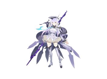 1girl boots breasts choukou_(alicesoft) choukou_taisen_escalation_heroines dress fafnir_siegfried_vii full_body highres holding holding_polearm holding_weapon koutei_no_nir large_breasts looking_at_viewer official_art orion_(orionproject) polearm purple_hair red_eyes smile solo tachi-e thigh_boots weapon white_dress