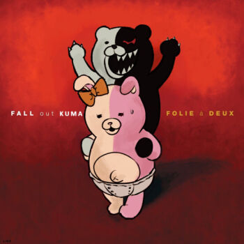 album_cover arms_up bow brown_bow carrying claws cover danganronpa_(series) danganronpa_2:_goodbye_despair diaper ear_bow fall_out_boy folie_a_deux gradient_background monokuma monomi_(danganronpa) no_humans piggyback qosic red_background reference_work standing sweatdrop