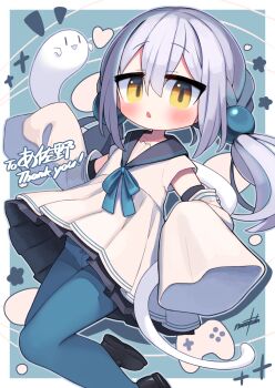 Rule 34 | 1girl, blue pantyhose, blush, bow, bow panties, commentary request, commission, dress, ghost, grey hair, highres, long hair, looking at viewer, nanatsuta, open mouth, original, panties, panties under pantyhose, pantyhose, sailor collar, sailor dress, skeb commission, sleeves past fingers, sleeves past wrists, solo, twintails, underwear, white dress, white panties, yellow eyes