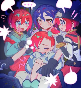 1boy 1girl amate_yuzuriha aqua_eyes blue_hair blush bodysuit breasts closed_mouth cockpit commentary_request control_stick crying gloves gundam gundam_gquuuuuux hair_ornament hat highres jacket long_sleeves mecha_pilot_suit multicolored_bodysuit multicolored_hair multiple_girls normal_suit_(gundam) nut87501 one_eye_closed open_mouth pajamas pants pilot pilot_chair piloting red_hair shirt short_hair shuji_ito speech_bubble sweatdrop tank_top tears