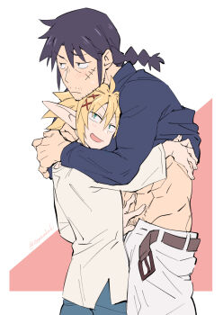 2boys abs belt black_hair blonde_hair blue_eyes blush braid brown_belt closed_mouth clothes_lift commentary_request dasshu_(dashi_now) facial_hair fingernails hand_on_another&#039;s_chest hug ishuzoku_reviewers long_hair long_sleeves male_focus multiple_boys mustache_stubble open_mouth pants pointy_ears pubic_hair scar scar_on_face shirt shirt_lift short_hair sparse_stubble stubble stunk white_pants white_shirt yaoi zel_(ishuzoku_reviewers)