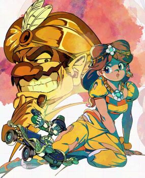 1girl 2boys arabian_clothes big_nose black_eyes black_hair blue_eyes bracelet brown_hair car carpet_flyer_(mario_kart_world) circlet clenched_teeth commentary driving earrings facial_hair feathers fez_hat flower flower_earrings flower_necklace gold_circlet gold_earrings gold_necklace green_hat green_pants green_vest half-closed_eyes hand_on_own_chin harem_pants hat hat_feather highres jewelry long_hair looking_at_another looking_to_the_side luigi luigi_(oasis) mario_(series) mario_kart mario_kart_world motor_vehicle multiple_boys mustache necklace nintendo open_mouth orange_pants orange_shirt panties pants pointy_ears princess_daisy princess_daisy_(oasis) puffy_sleeves ring sandals shimadai587779 shirt short_hair sitting teeth torn_clothes torn_pants torn_shirt turban underwear vest wario wario_(oasis) white_panties yellow_hat yokozuwari