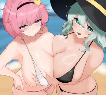 2girls absurdres alternate_breast_size_(larger) bikini black_bikini black_eyes black_hairband black_hat blush bow breast_press breasts cleavage commentary_request from_above grabbing_another's_breast green_hair groping hairband hat hat_bow heart highres huge_breasts incest komeiji_koishi komeiji_satori looking_at_viewer medium_hair moriforest1040 multiple_girls open_mouth pink_hair short_hair siblings sisters smile swimsuit symmetrical_docking touhou white_bikini yuri