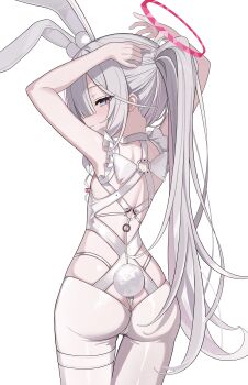 1girl absurdres adjusting_hair animal_ears arms_up ass blue_archive commentary_request cosplay fake_animal_ears fake_tail from_behind hair_over_one_eye halo highres korean_commentary le_malin_(azur_lane) le_malin_(azur_lane)_(cosplay) le_malin_(listless_lapin)_(azur_lane) leotard loli looking_at_viewer looking_back loyo pantyhose plana_(blue_archive) playboy_bunny rabbit_ears rabbit_tail red_halo red_pupils sideways_glance solo tail tying_hair white_background white_hair white_leotard white_pantyhose