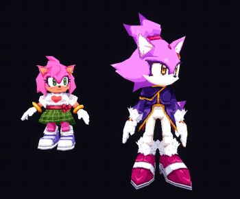 2girls 3d amy_rose animal_ears animated animated_gif black_background blaze_the_cat blender_(medium) blue_footwear blush boots cat_ears cat_girl cat_tail earrings forehead_jewel fur-trimmed_gloves fur_trim furry furry_female gloves green_eyes green_skirt hairband heart holding_hands jacket jewelry multiple_girls pants pink_boots pink_fur ponytail purple_fur purple_jacket red_hairband shirt single_earring skirt sonic_(series) tail tail_wagging white_gloves white_pants white_shirt wibblus yellow_eyes yuri