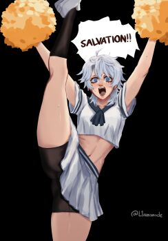 1girl absurdres arms_up black_background black_shorts blue_eyes chainsaw_man cheerleader commentary crop_top english_commentary famine_devil_(chainsaw_man) grey_hair highres holding holding_pom_poms l1amanade looking_at_viewer navel open_mouth pom_pom_(cheerleading) pom_poms shorts shorts_under_skirt simple_background skirt solo split standing standing_on_one_leg standing_split sweat white_skirt