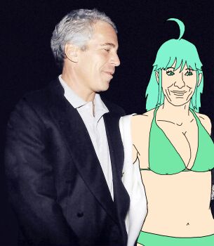 1boy 1girl bikini blue_hair colored_skin green_bikini highres jeffrey_epstein mascot meme real_life rotoscoping rule34.xxx rule_34-tan rule_34_(meme) swimsuit white_skin
