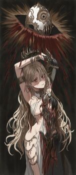 1girl absurdres armlet armpits arms_up bare_hips bare_shoulders blonde_hair blood blood_on_clothes cowboy_shot cross earrings egg gold_can groin highres jewelry long_hair looking_at_viewer mole mole_under_eye red_eyes ribs solo standing wavy_hair