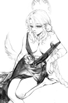 arknights bandaged_arm bandages bare_legs bare_shoulders barefoot braid breasts character_request closed_mouth cosplay dress flower_ornament fuyuyu-pon greyscale hair_ornament hashtag-only_commentary highres large_breasts long_braid long_dress monochrome no_bra plunging_neckline reverse:1999 semmelweis_(reverse:1999) semmelweis_(reverse:1999)_(cosplay) semmelweis_(the_wax_and_wane_of_the_heart)_(reverse:1999) side_slit single_braid sitting sleeveless sleeveless_dress strap_slip white_background