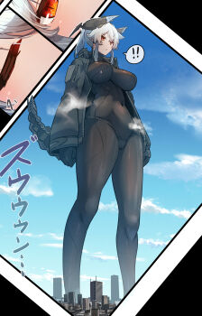 ! 1girl absurdres black_bodysuit black_jacket bodysuit breasts city closed_eyes cloud commentary_request giant giantess highres jacket m004_(natsukaze_shigure) mechanical_tail natsukaze_shigure open_clothes open_jacket orange_eyes original ponytail sidelocks skin_tight sky slit_pupils solo spoken_exclamation_mark tail white_hair
