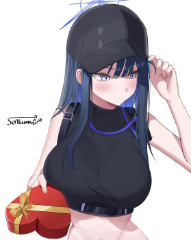 Rule 34 | 1girl, absurdres, adjusting clothes, adjusting headwear, bare arms, bare shoulders, baseball cap, black hat, black sports bra, blue archive, blue eyes, blue hair, blue halo, blush, box, breasts, closed mouth, commentary, halo, hat, heart-shaped box, highres, holding, holding box, large breasts, lips, looking to the side, midriff, navel peek, saori (blue archive), senkuma777, shy, solo, sports bra