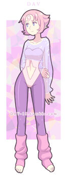 1980s_fashion 1girl blue_eyes breasts cosplay dav-19 forehead_jewel gem gem_(steven_universe) leg_warmers leggings parted_bangs pearl_(steven_universe) pink_hair purple_leggings rainbow_quartz rainbow_quartz_(cosplay) see-through_clothes self_cosplay solo steven_universe