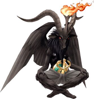 absurdres animal_ears baphomet_(megami_tensei) caduceus demon demon_(megami_tensei) feathered_wings fire full_body goat_ears goat_horns hands_on_own_knees highres hooves horns indian_style kazuma_kaneko official_art photoshop_(medium) red_eyes shin_megami_tensei shin_megami_tensei_iii:_nocturne simple_background sitting solo third-party_source transparent_background wings
