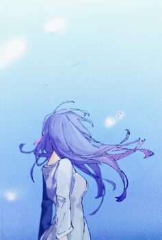 Rule 34 | 1girl, blue sky, breasts, commentary, cowboy shot, day, dress, fate/stay night, fate (series), floating hair, from side, gradient sky, hair ribbon, highres, long hair, long sleeves, matou sakura, medium breasts, outdoors, petals, pink ribbon, purple hair, ribbon, sksk sn09, sky, solo, standing, symbol-only commentary, white dress