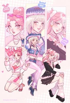 3girls adventure_ride_(infinity_nikki) beads belt belt_buckle black_jacket black_shoes blue_boots blue_choker blue_gloves blue_hat blue_shirt blue_shorts boots bow bowtie buckle buttons character_name choker closed_mouth collared_shirt commentary cowboy_hat cowgirl_(western) cropped_jacket cropped_shirt denim denim_shorts earrings english_commentary eyelashes eyeshadow eyewear_on_head finger_gun fingerless_gloves flower frilled_shirt frilled_skirt frills full_body fur-trimmed_jacket fur-trimmed_skirt fur-trimmed_sleeves fur_trim gloves gold_buckle gradient_gloves grey_hair grey_skirt hair_bun hair_ornament hair_scrunchie hairclip halftone halftone_background hand_on_own_head hand_on_own_knee happy hat heart heart_hair_ornament high_heel_boots high_heel_sandals high_heels highres hoop_earrings infinity_nikki instagram_username invisible_chair jacket jewelry leg_warmers lipstick long_hair long_sleeves looking_at_viewer makeup medium_hair midriff miniskirt multicolored_hair multiple_girls navel neck_flower nikki_(series) official_alternate_color pants parted_lips pencil_skirt pink-framed_eyewear pink-tinted_eyewear pink_arm_warmers pink_background pink_bow pink_bowtie pink_bunny_(infinity_nikki) pink_choker pink_eyes pink_eyeshadow pink_hair pink_leg_warmers pink_lips pink_pants pink_sandals pink_scrunchie pink_shirt pink_skirt pink_sleeves platform_shoes puffy_short_sleeves puffy_sleeves rainbow_hair ribbon ribbon_earrings rosie_sweetheart_(infinity_nikki) sandals scrunchie shirt shoes short_hair short_sleeves shorts single_hair_bun sitting skirt smile squatting star_(symbol) star_hair_ornament star_print storijuna striped_clothes striped_skirt studded_belt sunglasses teeth tinted_eyewear triangular_eyewear two-tone_hair two-tone_skirt two-tone_sleeves two_side_up updo vertical-striped_clothes vertical-striped_skirt white_belt white_flower white_jacket white_skirt y2k_fashion yellow_ribbon zoom_layer