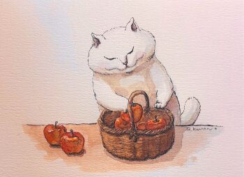 animal animal_focus apple artist_name cat commentary_request food fruit fruit_basket no_humans original reiko_kamano white_cat