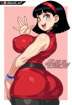 1girl absurdres alternate_breast_size_(larger) ass bare_arms black_hair black_pantyhose blannis blue_eyes border breasts commentary covered_erect_nipples cowboy_shot dragon_ball dragon_ball_super dress english_commentary from_behind hairband hand_up highres large_breasts looking_at_viewer looking_back open_mouth outside_border pantyhose pink_background red_dress red_hairband short_dress short_hair sleeveless sleeveless_dress smile solo tight_clothes tight_dress videl waving white_border