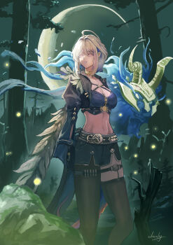 1girl absurdres ahoge black_jacket black_pantyhose black_shorts black_thighhighs blue_bra bra chimera_(wuthering_waves) chucky_(chucky1000sun) commentary_request crescent_moon cropped_jacket earrings galbrena_(wuthering_waves) grey_hair hair_intakes highres jacket jewelry medium_hair moon navel outdoors pantyhose parted_lips purple_eyes shorts sidelocks signature single_leg_pantyhose single_thighhigh stomach tacet_discord_(wuthering_waves) thighhighs underwear wuthering_waves