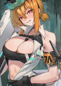 1girl abs armband bandaid bandaid_on_cheek bandaid_on_face bare_shoulders black_sports_bra blonde_hair blush breasts chest_harness cleavage collarbone commentary cowboy_shot crossed_bangs dress ear_piercing eyewear_on_head gloves goddess_of_victory:_nikke gun hair_between_eyes harness highres holding holding_gun holding_weapon jewelry kimkichun large_breasts looking_at_viewer maxwell_(nikke) midriff multiple_piercings navel necklace official_alternate_costume parted_lips piercing ponytail red_eyes rifle short_hair short_hair_with_long_locks short_ponytail sidelocks sleeveless sleeveless_dress smile sniper_rifle solo sports_bra standing teeth unzipped weapon white_dress yellow_armband