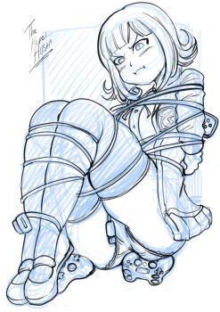 1girl absurdres arms_behind_back bdsm bondage bound bound_ankles bound_arms bound_legs bound_thighs cable controller dakuroihoshi danganronpa_(series) danganronpa_2:_goodbye_despair game_controller highres medium_hair nanami_chiaki neck_ribbon panties pantyshot pout ribbon solo thighhighs underwear