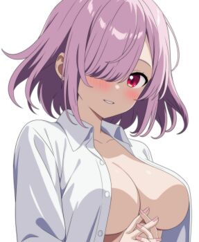 1girl blush breasts collarbone collared_shirt commentary_request fingernails hair_over_one_eye highres interlocked_fingers large_breasts long_bangs looking_at_viewer nail_polish no_bra one_eye_covered open_clothes open_shirt original own_hands_together parted_bangs parted_lips pink_nails purple_hair red_eyes shirt short_hair simple_background smile solo take_zenni_chikuzenni unbuttoned upper_body white_background white_shirt wing_collar