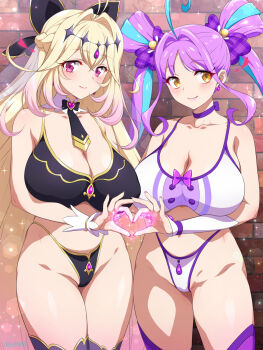 2girls ahoge alternate_breast_size_(larger) bare_arms bikini black_bikini black_bow black_thighhighs blonde_hair blue_ribbon bow breasts brick_wall brown_eyes choker circle cleavage collarbone commentary_request cure_arcana_shadow cure_kyunkyun detached_collar gradient_hair hair_between_eyes hair_bow hair_ribbon heart heart_hands highleg highleg_bikini highres joy_ride kimi_to_idol_precure large_breasts long_hair meitantei_precure! multicolored_hair multiple_girls pink_hair precure purple_choker purple_eyes purple_thighhighs ribbon sidelocks smile standing swimsuit thighhighs twintails two-tone_hair white_bikini