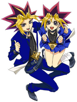 1boy 1girl belt chain collar dual_persona colored_bangs gender_request genderswap happy jewelry jumping millennium_puzzle muto_yugi pendant school_uniform socks thumbs_up yami_yugi yu-gi-oh! yu-gi-oh!_duel_monsters