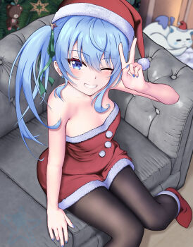 1girl absurdres bare_arms bare_shoulders black_pantyhose blue_eyes blue_hair blue_nails breasts cat christmas commentary_request couch dress from_above fur-trimmed_dress fur_trim grin hair_ribbon hat highres hololive hoshimachi_suisei long_hair looking_at_viewer one_eye_closed pantyhose red_dress red_shoes ribbon santa_costume santa_dress santa_hat shoes side_ponytail small_breasts smile solo soware star_(symbol) star_in_eye symbol_in_eye takoyaki_(hoshimachi_suisei) teddy_bear_ornament virtual_youtuber