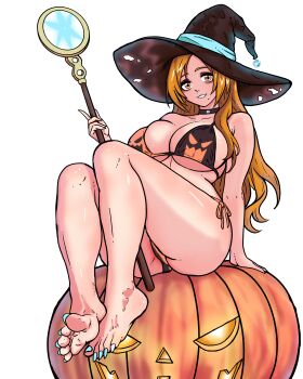 1girl absurdres alternate_eye_color badkid77 bare_shoulders barefoot bleach bra breasts choker collarbone halloween hat highres inoue_orihime jack-o&#039;-lantern large_breasts long_hair mole mole_under_mouth moon orange_hair paid_reward_available pumpkin simple_background sitting staff thighs underwear white_background witch witch_hat