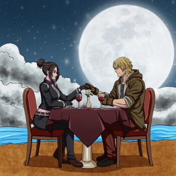 absurdres alcohol beard_stubble blonde_hair brown_hair capcom capcom_vs._snk_2 couple crossover cup dating drinking_glass facial_hair fatal_fury fatal_fury:_city_of_the_wolves flower gloves hair_bun highres holding_hands jacket ken_masters moon non-web_source outdoors red_wine sarah_sketches shipping_(fandom) shiranui_mai sitting snk star_(sky) street_fighter street_fighter_6 stubble table the_king_of_fighters wine wine_glass