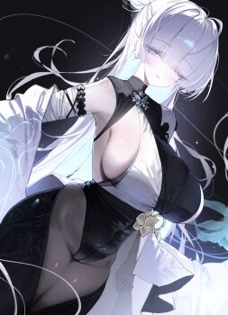 1girl amu1207 black_background breasts commentary english_commentary goddess_of_victory:_nikke grey_eyes grey_hair highres large_breasts monk nayuta_(nikke) no_mole one_eye_closed solo split-color_clothes thick_eyelashes thighs unusually_open_eyes
