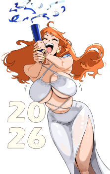 1girl 2026 absurdres bare_shoulders blush breasts cleavage closed_eyes commentary confetti criss-cross_halter curvy dress earrings facing_viewer feet_out_of_frame floating_hair halterneck happy highres holding holding_party_popper jewelry joy_boy_(jerrydurd) large_breasts long_hair midriff motion_lines nami_(one_piece) navel new_year one_piece open_mouth orange_hair party_popper shoulder_tattoo side_slit simple_background skindentation solo star_(symbol) star_earrings tattoo teeth underboob upper_teeth_only wavy_hair white_background white_dress yellow_nails