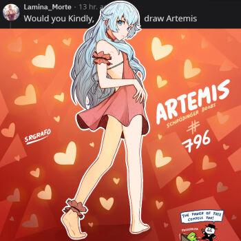 1boy 1girl artemis_(fate) artist_name artist_self-insert bare_shoulders barefoot blue_eyes blue_hair character_name commentary dress english_text fate/grand_order fate_(series) feet frilled_anklet frilled_armlet full_body heart long_hair looking_at_viewer looking_back parted_lips pink_dress red_background screenshot_inset srgrafo turning_around very_long_hair