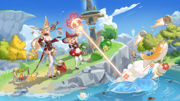 ! 3girls absurdres ahoge alice_(genshin_impact) anger_vein bare_shoulders black_gloves blonde_hair blue_sky bow bowtie breasts brown_shoes campfire chinese_commentary closed_mouth commentary_request cooking day detached_sleeves fire fish full_body gem genshin_impact gloves hand_on_own_hip hat hat_bow high-waist_skirt high_heels highres jean_(genshin_impact) jumpy_dumpty klee_(blossoming_starlight)_(genshin_impact) klee_(genshin_impact) long_sleeves mary_janes multiple_girls official_alternate_costume open_mouth outdoors pointy_ears red_bow red_bowtie red_eyes red_gemstone red_skirt red_sleeves shi-er-shi shirt shoes simple_bird skirt sky smile standing standing_on_one_leg thighhighs tree water white_shirt white_thighhighs witch_hat