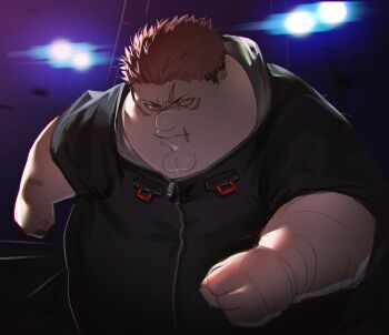 black_jacket cleft_chin clenched_hands closed_mouth commentary cosplay family_guy fat fat_man highres itadori_yuuji itadori_yuuji_(cosplay) jacket jujutsu_kaisen kowai_(iamkowai) looking_at_viewer male_focus peter_griffin pink_hair scar scar_on_face short_hair solo very_short_hair yellow_eyes zipper zipper_pull_tab