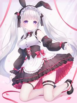 Rule 34 | 1girl, animal ears, apron, bare shoulders, black bow, black dress, black ribbon, blush, bow, bowtie, breasts, center frills, closed mouth, commentary, detached collar, detached sleeves, dress, fake animal ears, frilled apron, frilled dress, frilled skirt, frills, full body, hair ornament, hair ribbon, high heels, highres, lolita fashion, long hair, long sleeves, looking at viewer, maid, maid headdress, mary janes, medium breasts, original, parted lips, puffy sleeves, purple eyes, rabbit ears, ribbon, shirt, shoes, skirt, smile, solo, symbol-only commentary, tail, thigh strap, thighhighs, twintails, underbust, usami cocoa, very long hair, virtual youtuber, waist apron, white apron, white hair, wrist cuffs