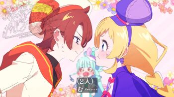 Rule 34 | 1boy, 2girls, :t, aqua hair, aqua hat, bare shoulders, beret, black shirt, blonde hair, blue eyes, blunt bangs, blurry, blurry background, bow, bow earrings, bowtie, braid, brooch, brown eyes, brown hair, buttons, capelet, closed mouth, clothing cutout, collared capelet, confession, cure friendy, cure lillian, deerstalker, dress, earrings, eye contact, eyelashes, face-to-face, floral border, frilled headwear, gloves, hairband, hand on own hip, hat, hat bow, heart, heart brooch, hetero, high side ponytail, imminent kiss, interlocked fingers, inukai iroha, jewelry, large bow, long hair, looking at another, low twin braids, magical boy, magical girl, mini hat, mini top hat, multiple girls, nekoyashiki mayu, open mouth, orange sailor collar, outside border, own hands together, pink background, pink bow, pink bowtie, pointy nose, precure, purple bow, purple capelet, purple eyes, purple hairband, purple hat, robe, sailor collar, serizawa serizane, shirt, short dress, short hair, shoulder cutout, single stripe, striped bow, striped bowtie, striped clothes, sweatdrop, tareme, top hat, toyama satoru, turtleneck, turtleneck shirt, twin braids, twitter username, very long hair, watermark, watermark grid, wavy mouth, white bow, white bowtie, white dress, white gloves, white hat, white robe, wonderful precure!, yellow pupils