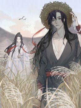 2boys alternate_hairstyle animal bird black_hair black_hanfu blue_sky chinese_clothes chinese_commentary closed_eyes closed_mouth cloud collarbone commentary_request day diaomaoxiaoheidaoliangquanban donkey field grass hair_down hair_ribbon hand_up hanfu hat highres holding holding_reins holding_ribbon implied_yaoi lan_wangji long_hair long_sleeves looking_at_viewer male_focus modao_zushi mountain mouth_hold multiple_boys outdoors pectoral_cleavage pectorals ponytail red_ribbon red_sash reeds reins ribbon robe sash sky smile stalk_in_mouth standing straw_hat wei_wuxian white_hanfu white_ribbon wide_sleeves wind