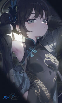 1girl absurdres armpits arms_up artist_logo black_coat black_dress black_hair blue_archive blush butterfly_hair_ornament china_dress chinese_clothes closed_mouth coat commentary_request double_bun dragon_print dress grey_eyes grey_halo hair_bun hair_ornament halo highres kisaki_(blue_archive) light_particles logo looking_at_viewer open_clothes open_coat pelvic_curtain pinstripe_pattern print_dress sleeveless sleeveless_dress solo striped_coat sushispin