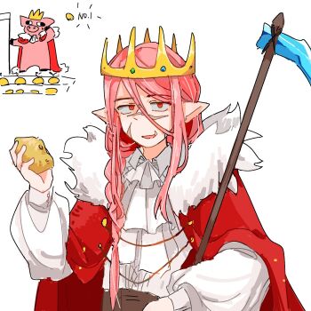 Rule 34 | 1boy, androgynous, animal, animalization, animification, ascot, bishounen, braid, cape, chinese commentary, clothed animal, commentary request, crown, fur-trimmed cape, fur trim, gold crown, hair between eyes, highres, holding, holding hoe, humanization, hypixel, hypixel skyblock, jeweled crown, jewelry, libiezhiyu, long hair, long sleeves, looking at viewer, male focus, minecraft, minecraft youtube, person and animalization, pig, pink hair, pointed crown, pointy ears, potato, rearing, red cape, red eyes, scar, scar on face, scar on nose, shirt, side braid, single braid, solo, technoblade, upper body, white ascot, white shirt