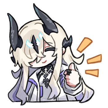 Rule 34 | ^ ^, arknights, chibi, chibi only, closed eyes, cropped torso, dragon girl, dragon horns, facing viewer, hair over one eye, horns, jewelry, long hair, multiple horns, necrass (arknights), notice lines, ppxdq, ring, simple background, smile, thumbs up, white background