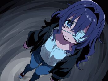 Rule 34 | 1girl, absurdres, arms at sides, bags under eyes, black jacket, blue pants, bright pupils, chomesuke (maorisu henkyo haku), commentary request, dutch angle, eyepatch, fang, from above, hair between eyes, hair intakes, highres, hood, hood down, hooded jacket, jacket, knees together feet apart, long hair, looking at viewer, maorisu henkyo haku, medical eyepatch, open clothes, open jacket, original, pants, purple eyes, purple hair, shoes, solo, standing, thigh gap, tight clothes, tight pants, white pupils