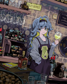 1girl absurdres alcohol analog_clock animal_print apron artist_name bar_(place) black_apron black_hairband blue_hair bottle brazil clip_studio_paint_(medium) clock closed_mouth colored_inner_hair commentary_request cork corked_bottle cropped_legs cup dog_print drinking_glass eudetenis green_eyes grey_shirt hair_intakes hairband hand_in_pocket hand_up highres indoors long_sleeves looking_at_viewer mixed-language_commentary multicolored_hair original portuguese_commentary print_apron shirt signature slice_of_life smile solo standing tile_wall tiles variant_set whiskey wine_bottle wine_glass