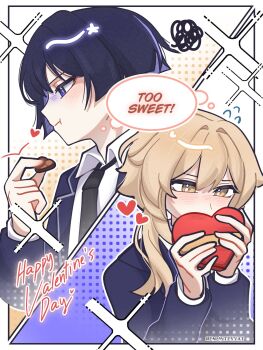 Rule 34 | 1boy, 1girl, black necktie, blazer, blonde hair, blue eyes, blue hair, box, box of chocolates, chocolate, collared shirt, english text, food, genshin impact, hair between eyes, happy valentine, heart, highres, holding, holding box, holding chocolate, holding food, jacket, lumine (genshin impact), necktie, remhotaru, scaramouche (genshin impact), school uniform, shirt, speech bubble, thought bubble, wanderer (genshin impact), watermark, yellow eyes