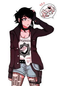 2girls absurdres alternate_costume belt black_belt black_choker black_hair blonde_hair brown_gloves brown_jacket choker closed_eyes clothes_writing collarbone commentary cowboy_shot danganronpa:_trigger_happy_havoc danganronpa_(series) english_commentary enoshima_junko eyelashes fingerless_gloves freckles gloves grey_shorts hair_ornament hand_on_own_hip highres ikusaba_mukuro jacket long_hair multiple_girls notice_lines open_clothes open_jacket open_mouth pantyhose pouch princescar purple_eyes shirt short_hair shorts sidelocks simple_background smile solo_focus spoken_character thigh_pouch torn_clothes torn_pantyhose twintails white_background white_shirt