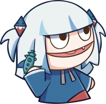 1girl blunt_bangs commentary drawstring energy_gun english_commentary fang gawr_gura gawr_gura_(1st_costume) hair_ornament holding_ray_gun hololive hololive_english long_sleeves moon_ldl open_mouth puppet ray_gun solo transparent_background two_side_up virtual_youtuber weapon white_hair