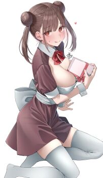 Rule 34 | 1girl, :q, @ @, absurdres, black dress, blush, bow, bowtie, box, breasts, brown eyes, brown hair, cleavage, double bun, dress, gift, gift box, hair bun, highres, holding, holding box, idolmaster, idolmaster shiny colors, kawai ritsu (rits meg), large breasts, looking at viewer, red bow, red bowtie, short sleeves, simple background, sitting, skindentation, solo, sonoda chiyoko, sweat, thighhighs, thighs, tongue, tongue out, twintails, white background, white thighhighs, yokozuwari, zettai ryouiki